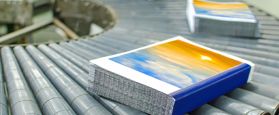 conveyor belt carrying books for print on demand services